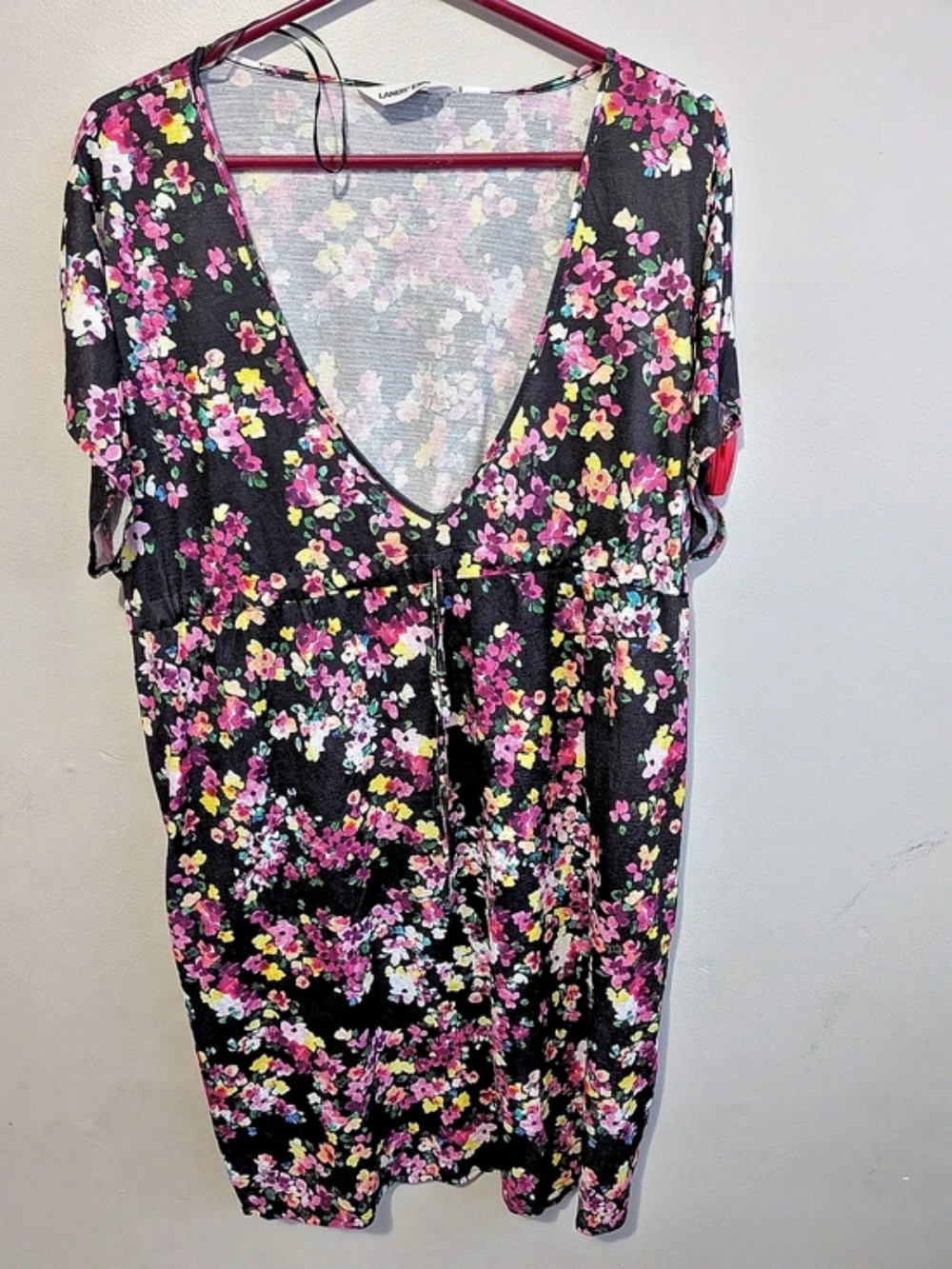 Lands' End Floral Drawstring Waist Swim Cover-Up Dress Black & Pink XL